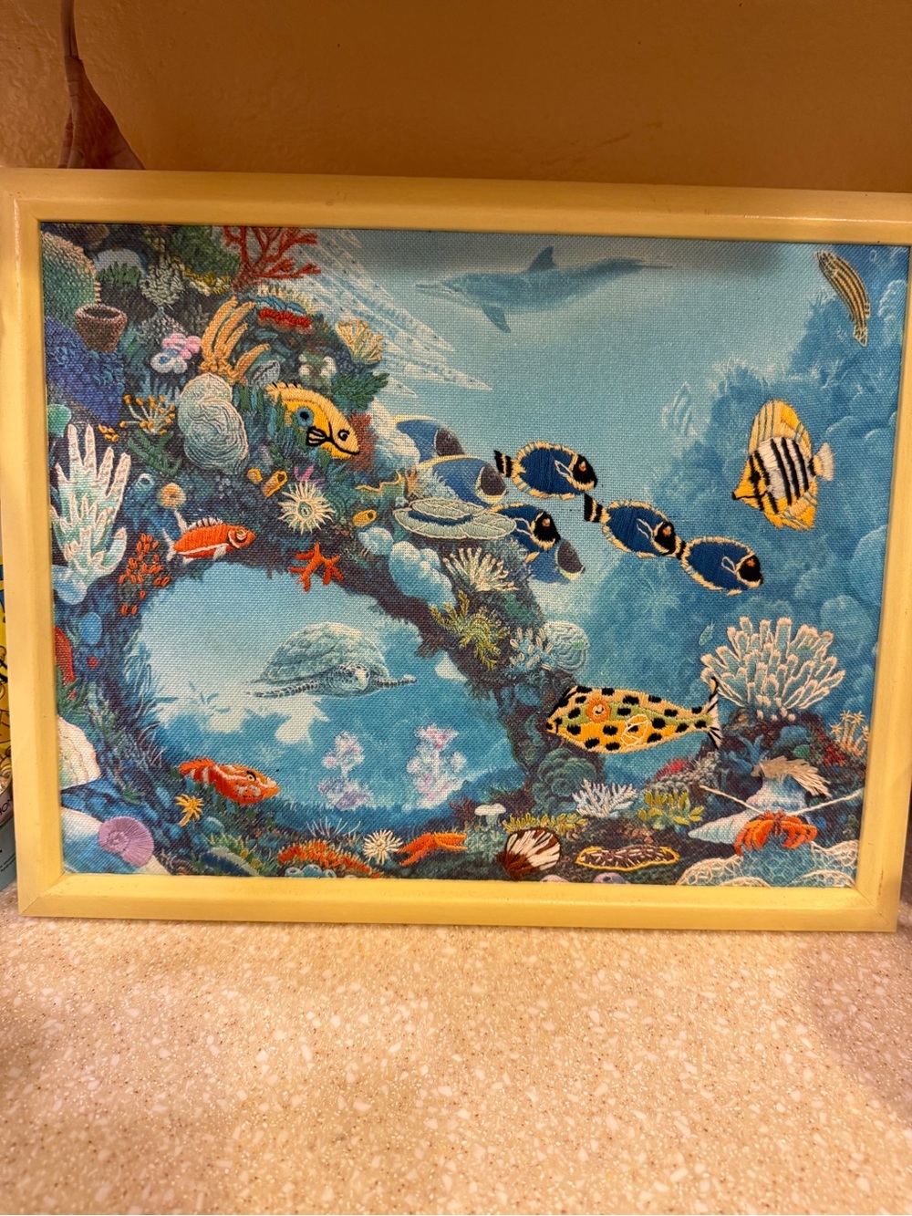 Unique Tropical Fish Reef Needle Point Embroidered Wall Art in Blue and Yellow